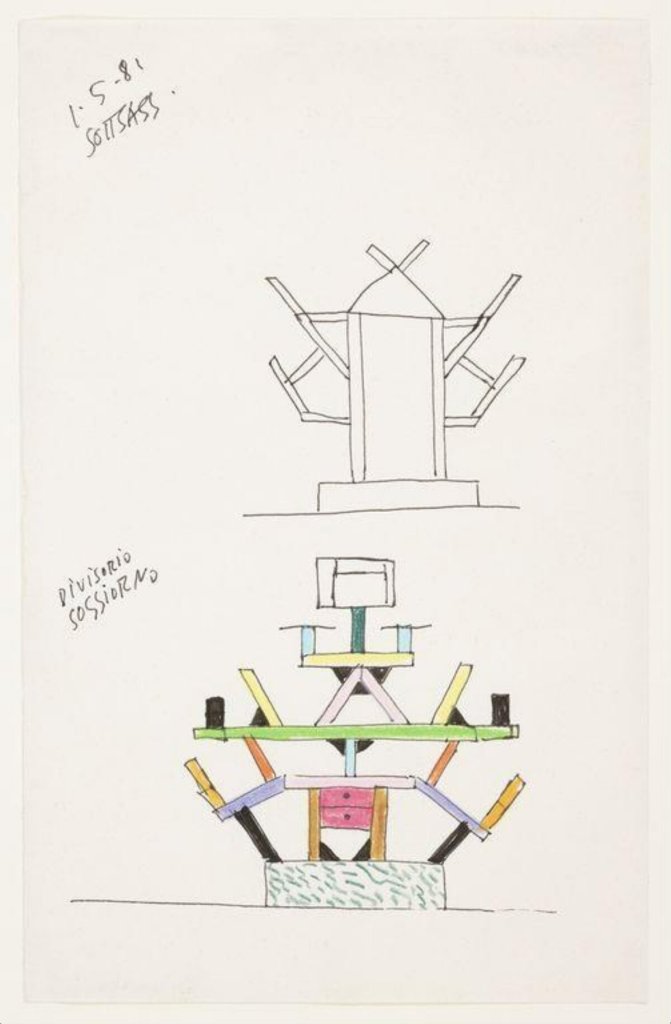 Ettore Sottsass, Esquisse pour Carlton (1981 ; plume et encre sur papier, 220 x 140 mm ; Londres, Victoria and Albert Museum)